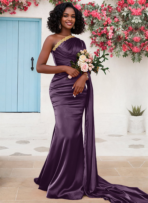 Trumpet/Mermaid Sleeveless Sweep Train Silk Like Satin Bridesmaid Dresses With Sweeping Side Drape, product image 34