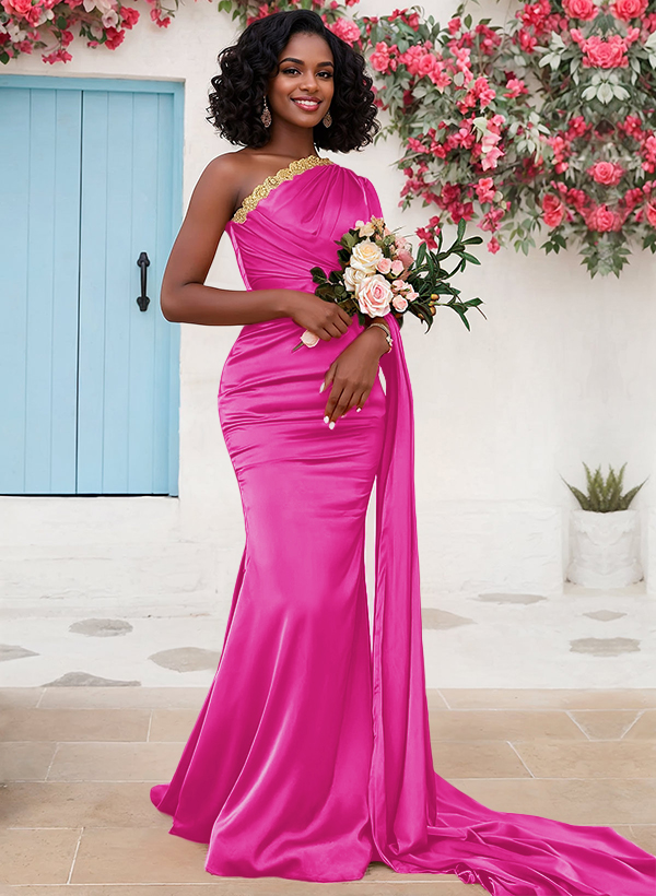 Trumpet/Mermaid Sleeveless Sweep Train Silk Like Satin Bridesmaid Dresses With Sweeping Side Drape, product image 7