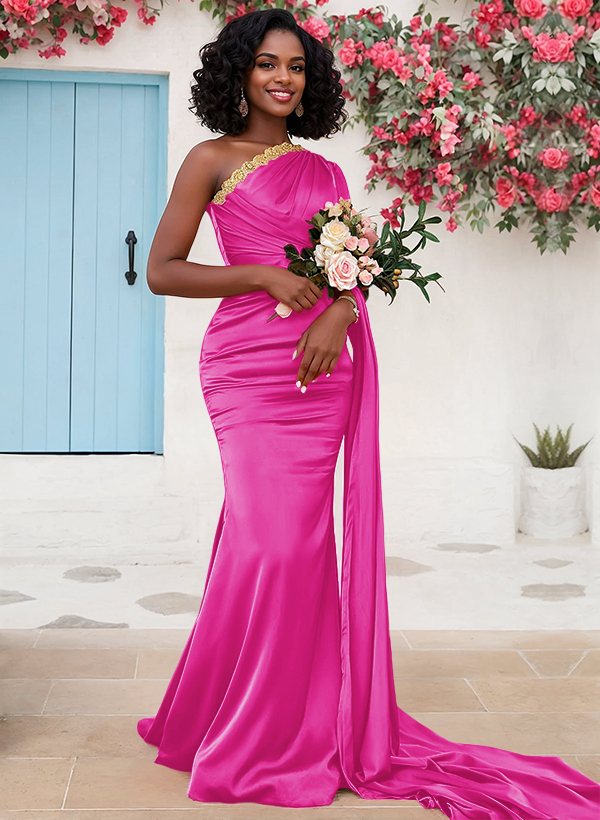 Trumpet/Mermaid Sleeveless Sweep Train Silk Like Satin Bridesmaid Dresses With Sweeping Side Drape, product image 7