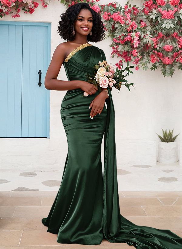 Trumpet/Mermaid Sleeveless Sweep Train Silk Like Satin Bridesmaid Dresses With Sweeping Side Drape, product image 23