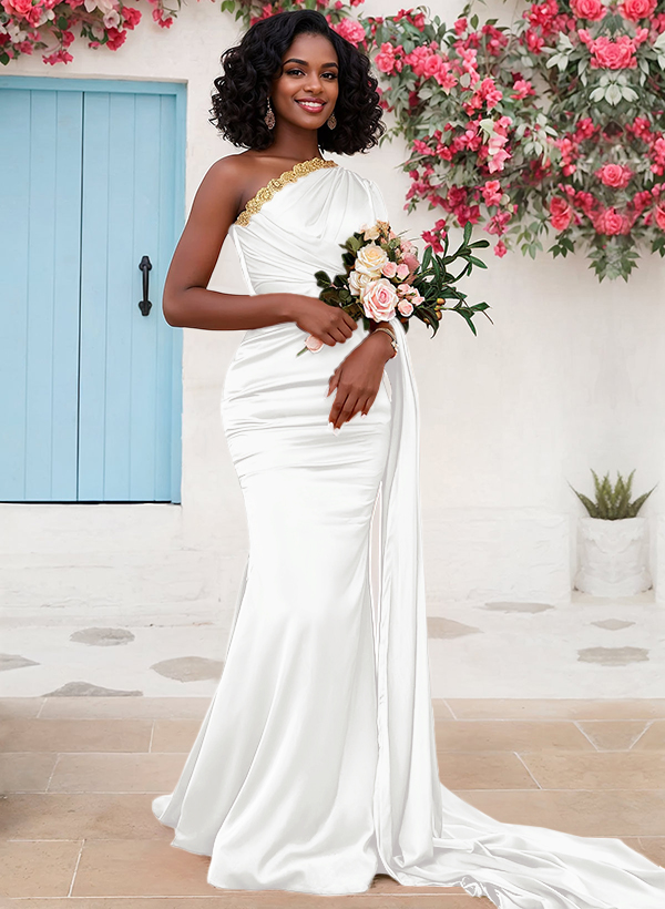 Trumpet/Mermaid Sleeveless Sweep Train Silk Like Satin Bridesmaid Dresses With Sweeping Side Drape, product image 31
