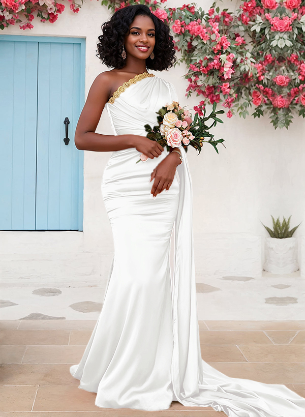 Trumpet/Mermaid Sleeveless Sweep Train Silk Like Satin Bridesmaid Dresses With Sweeping Side Drape, product image 31