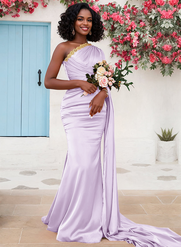 Trumpet/Mermaid Sleeveless Sweep Train Silk Like Satin Bridesmaid Dresses With Sweeping Side Drape, product image 36