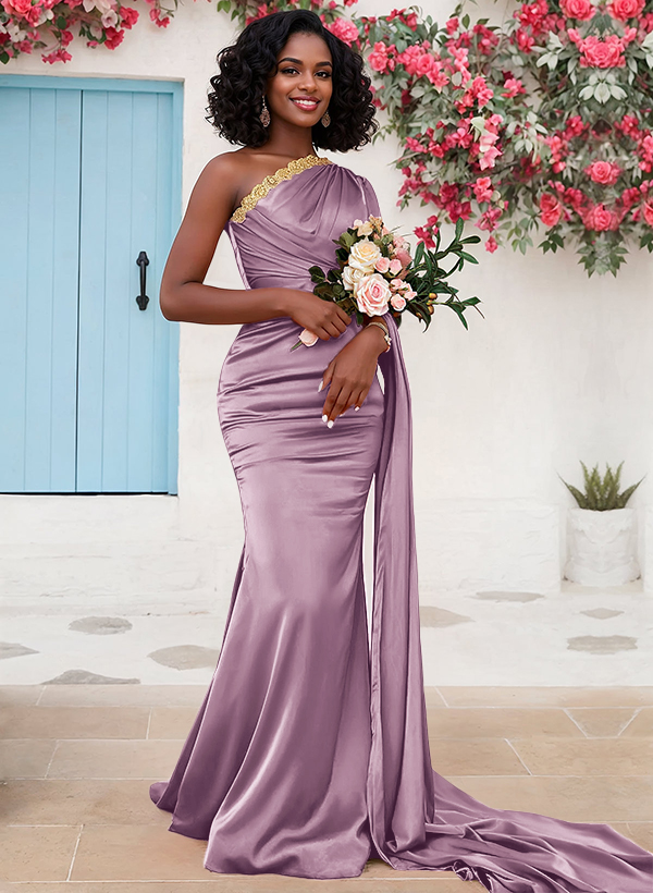 Trumpet/Mermaid Sleeveless Sweep Train Silk Like Satin Bridesmaid Dresses With Sweeping Side Drape, product image 20