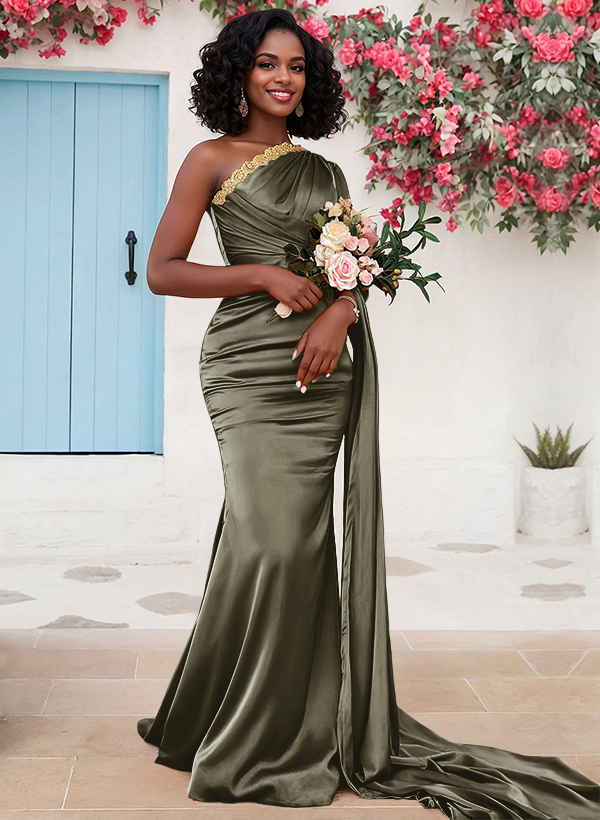 Trumpet/Mermaid Sleeveless Sweep Train Silk Like Satin Bridesmaid Dresses With Sweeping Side Drape, product image 6