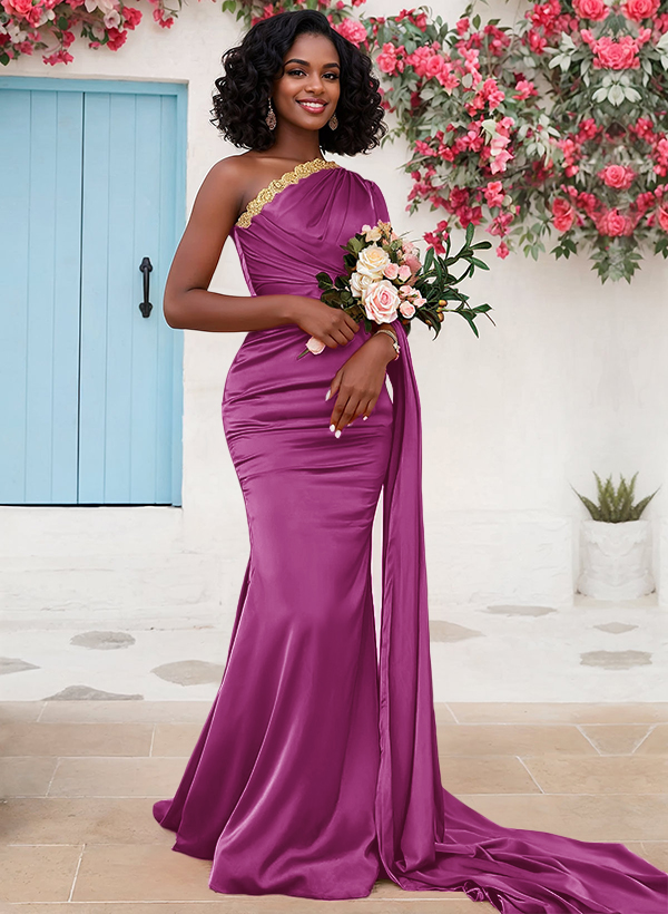 Trumpet/Mermaid Sleeveless Sweep Train Silk Like Satin Bridesmaid Dresses With Sweeping Side Drape, product image 17