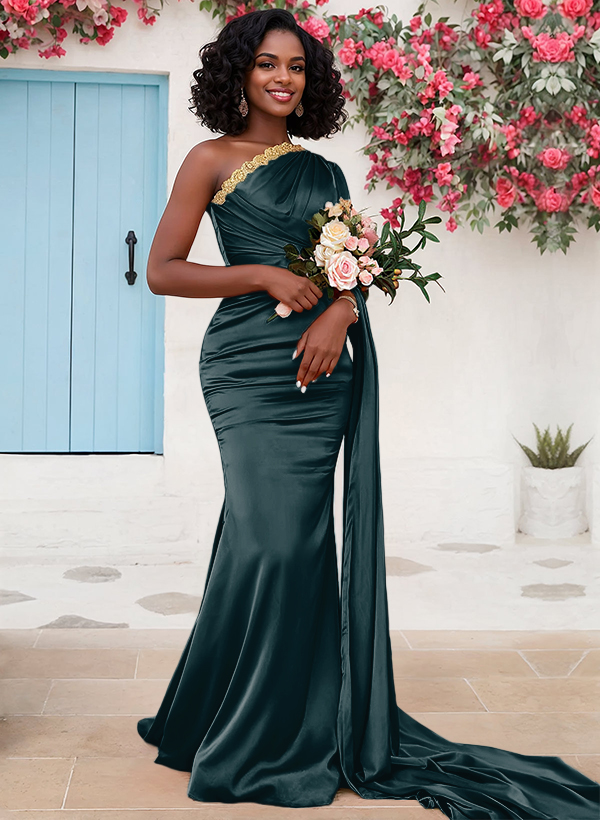 Trumpet/Mermaid Sleeveless Sweep Train Silk Like Satin Bridesmaid Dresses With Sweeping Side Drape, product image 29