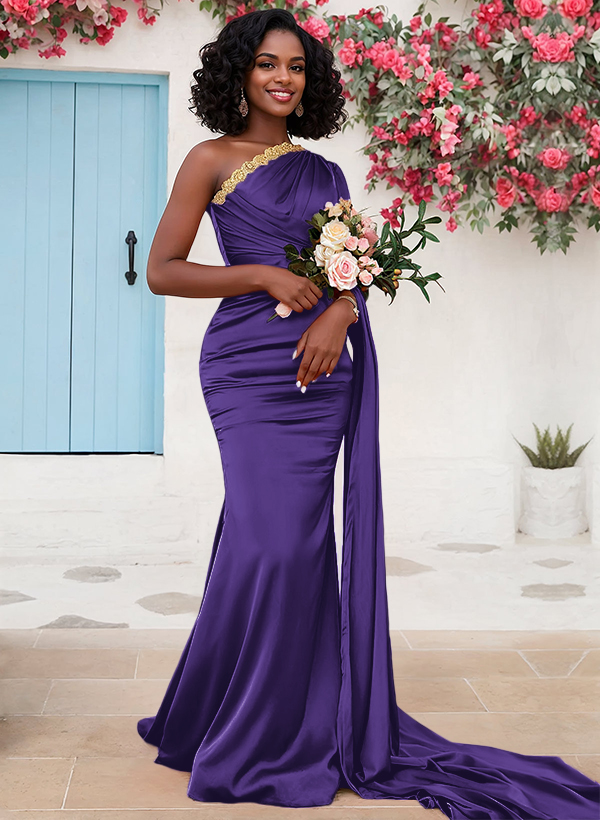 Trumpet/Mermaid Sleeveless Sweep Train Silk Like Satin Bridesmaid Dresses With Sweeping Side Drape, product image 21
