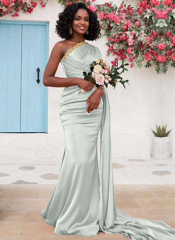 Trumpet/Mermaid Sleeveless Sweep Train Silk Like Satin Bridesmaid Dresses With Sweeping Side Drape, product image 10