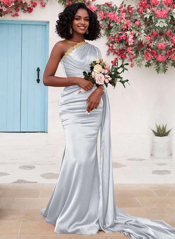Trumpet/Mermaid Sleeveless Sweep Train Silk Like Satin Bridesmaid Dresses With Sweeping Side Drape, product image 38