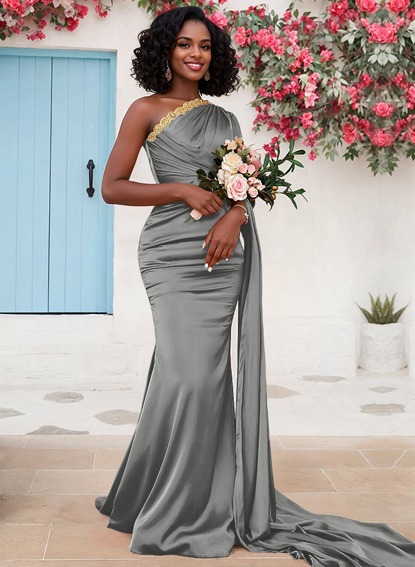 Trumpet/Mermaid Sleeveless Sweep Train Silk Like Satin Bridesmaid Dresses With Sweeping Side Drape, product image 30
