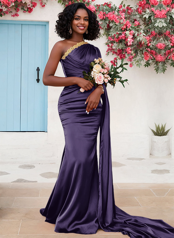 Trumpet/Mermaid Sleeveless Sweep Train Silk Like Satin Bridesmaid Dresses With Sweeping Side Drape, product image 18