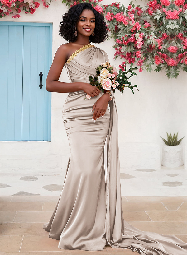 Trumpet/Mermaid Sleeveless Sweep Train Silk Like Satin Bridesmaid Dresses With Sweeping Side Drape, product image 22