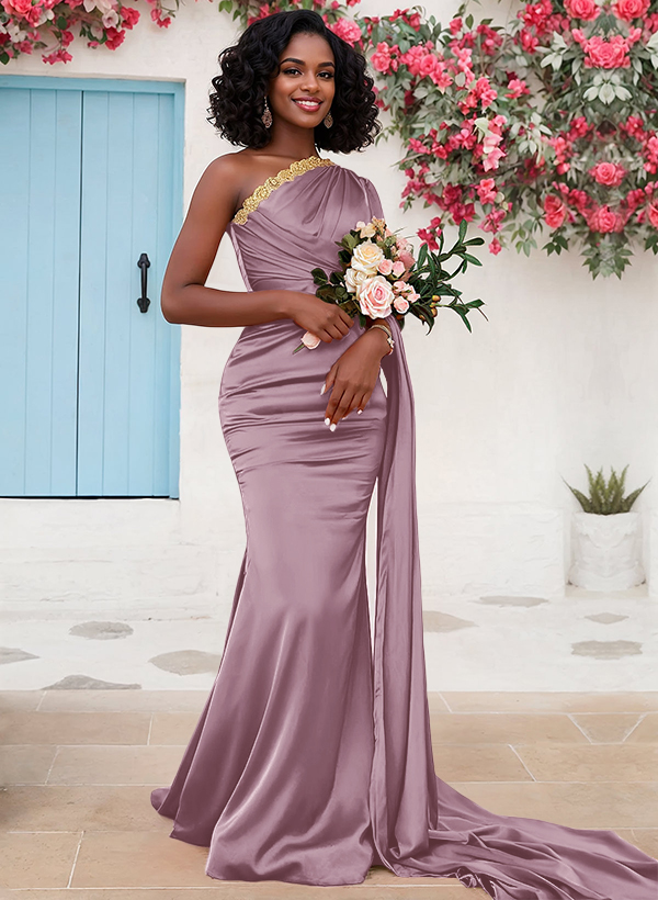 Trumpet/Mermaid Sleeveless Sweep Train Silk Like Satin Bridesmaid Dresses With Sweeping Side Drape, product image 32