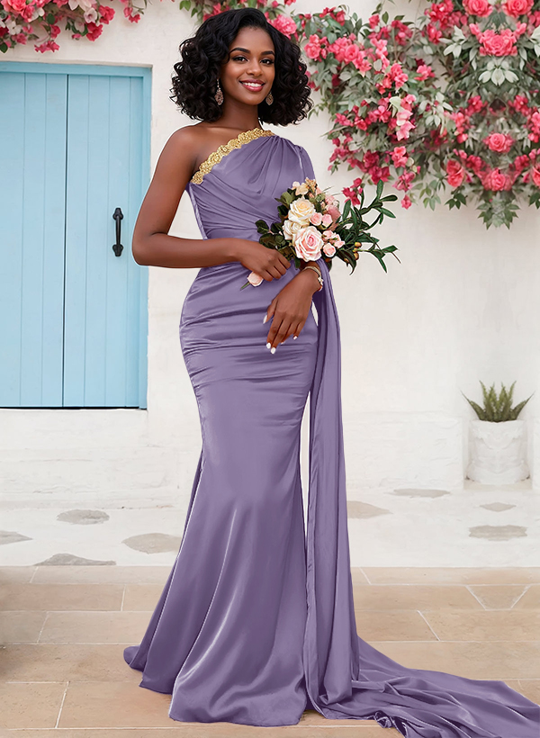 Trumpet/Mermaid Sleeveless Sweep Train Silk Like Satin Bridesmaid Dresses With Sweeping Side Drape, product image 40