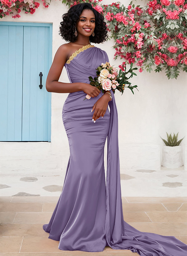 Trumpet/Mermaid Sleeveless Sweep Train Silk Like Satin Bridesmaid Dresses With Sweeping Side Drape, product image 40