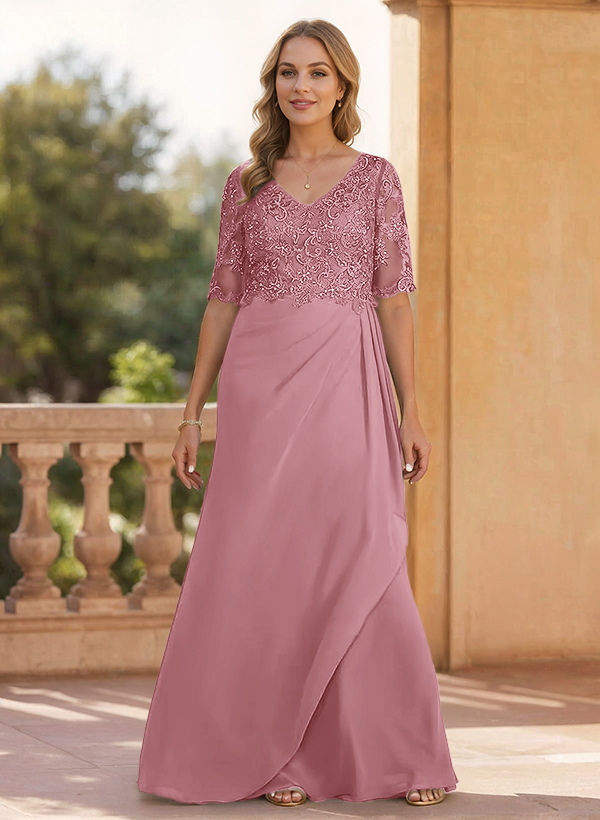 Sheath/Column V-Neck 1/2 Sleeves Chiffon/Lace Mother Of The Bride Dresses