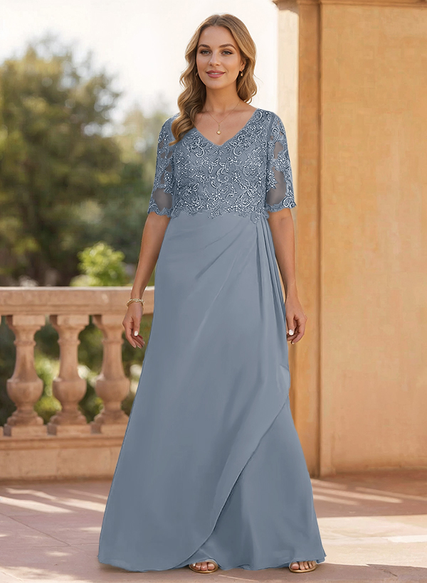 Sheath/Column V-Neck 1/2 Sleeves Chiffon/Lace Mother Of The Bride Dresses