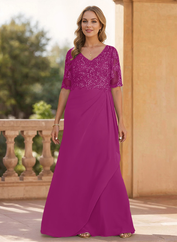 Sheath/Column V-Neck 1/2 Sleeves Chiffon/Lace Mother Of The Bride Dresses