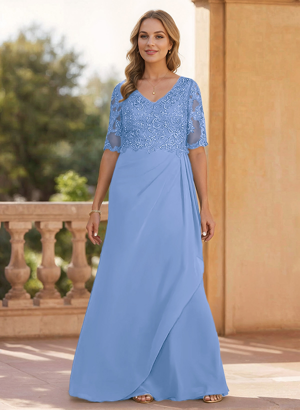 Sheath/Column V-Neck 1/2 Sleeves Chiffon/Lace Mother Of The Bride Dresses