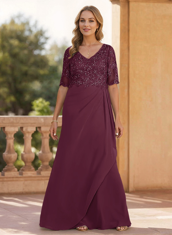 Sheath/Column V-Neck 1/2 Sleeves Chiffon/Lace Mother Of The Bride Dresses