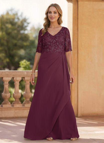 Sheath/Column V-Neck 1/2 Sleeves Chiffon/Lace Mother Of The Bride Dresses
