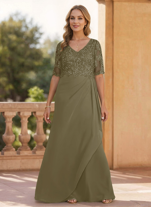 Sheath/Column V-Neck 1/2 Sleeves Chiffon/Lace Mother Of The Bride Dresses