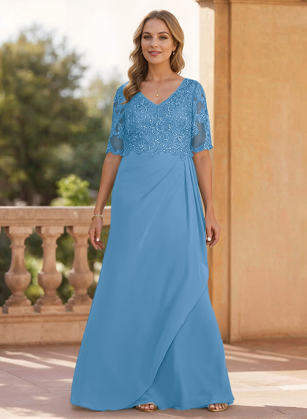Sheath/Column V-Neck 1/2 Sleeves Chiffon/Lace Mother Of The Bride Dresses