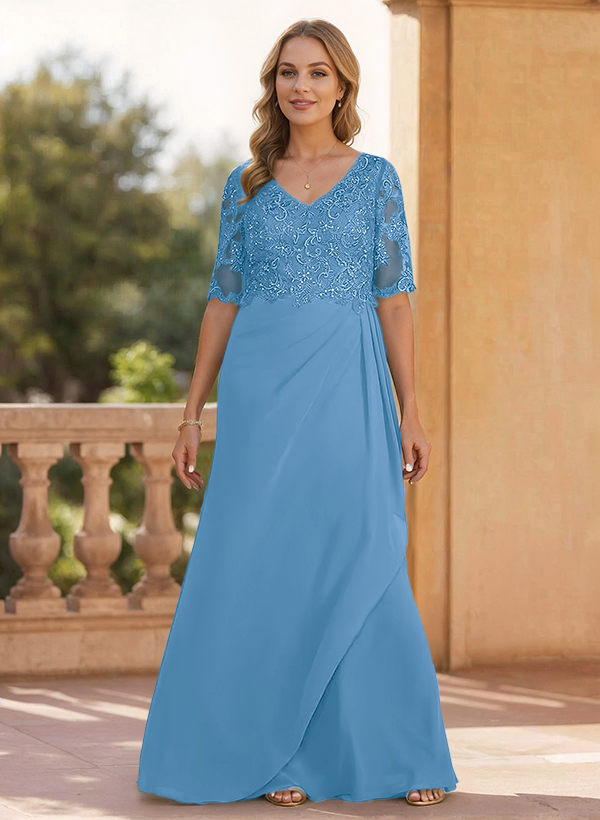 Sheath/Column V-Neck 1/2 Sleeves Chiffon/Lace Mother Of The Bride Dresses