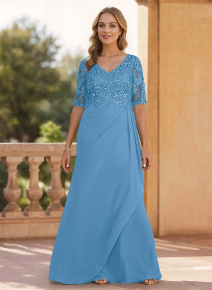 Sheath/Column V-Neck 1/2 Sleeves Chiffon/Lace Mother Of The Bride Dresses
