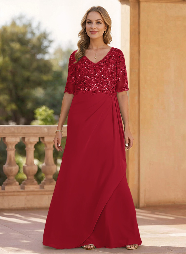Sheath/Column V-Neck 1/2 Sleeves Chiffon/Lace Mother Of The Bride Dresses