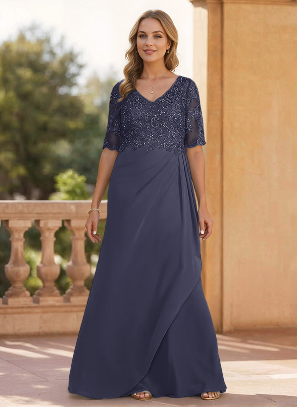 Sheath/Column V-Neck 1/2 Sleeves Chiffon/Lace Mother Of The Bride Dresses