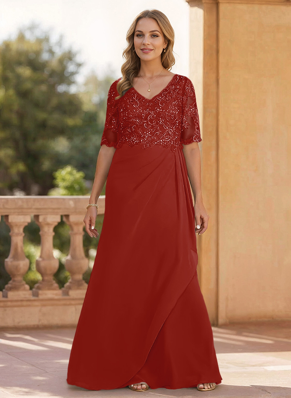 Sheath/Column V-Neck 1/2 Sleeves Chiffon/Lace Mother Of The Bride Dresses