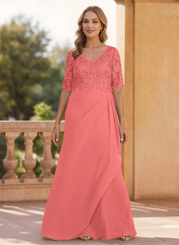 Sheath/Column V-Neck 1/2 Sleeves Chiffon/Lace Mother Of The Bride Dresses