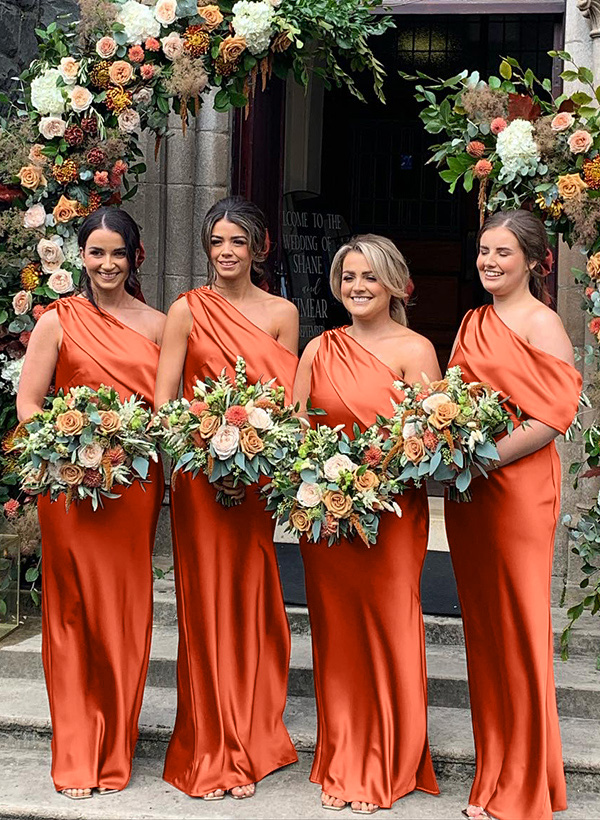 Sheath/Column Asymmetrical Sleeveless Floor-Length Bridesmaid Dresses in Burnt Orange, US2
