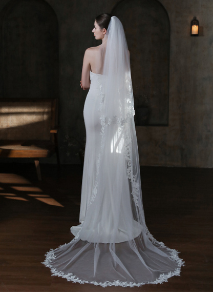 Lace Edge Two Tier Tulle Bridal Cathedral Length Wedding Veil