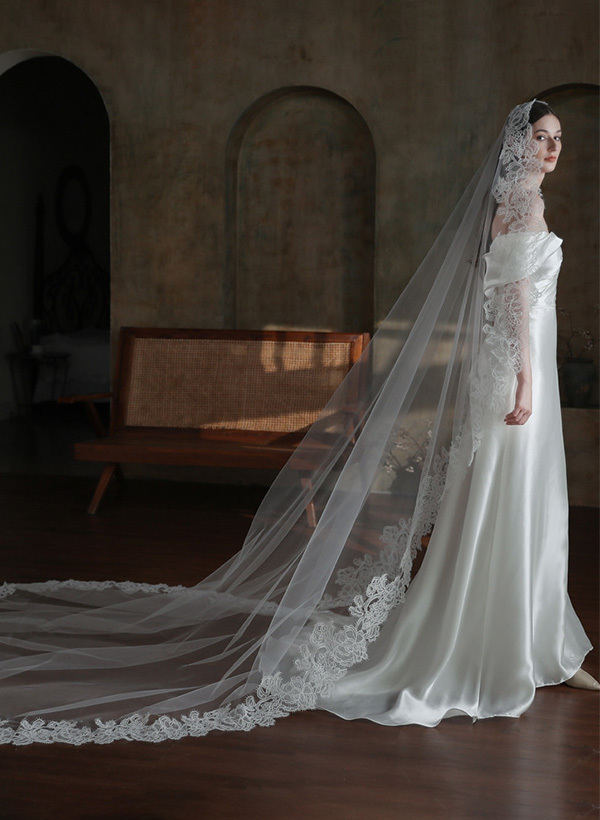 Lace Edge Single Tier Tulle Bridal Cathedral Length Wedding Veil
