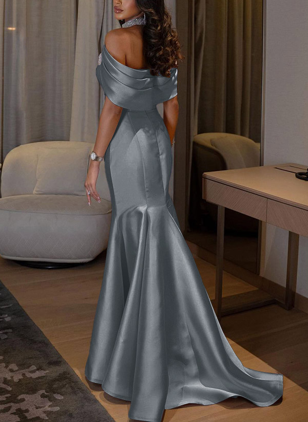 Trumpet/Mermaid Halter Sleeveless Sweep Train Satin Bridesmaid Dresses With Split Front