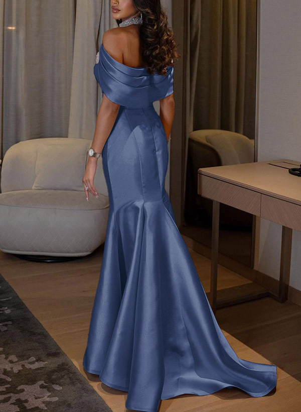 Trumpet/Mermaid Halter Sleeveless Sweep Train Satin Bridesmaid Dresses With Split Front