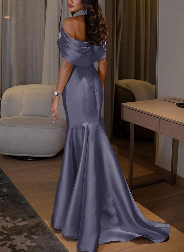 Trumpet/Mermaid Halter Sleeveless Sweep Train Satin Bridesmaid Dresses With Split Front