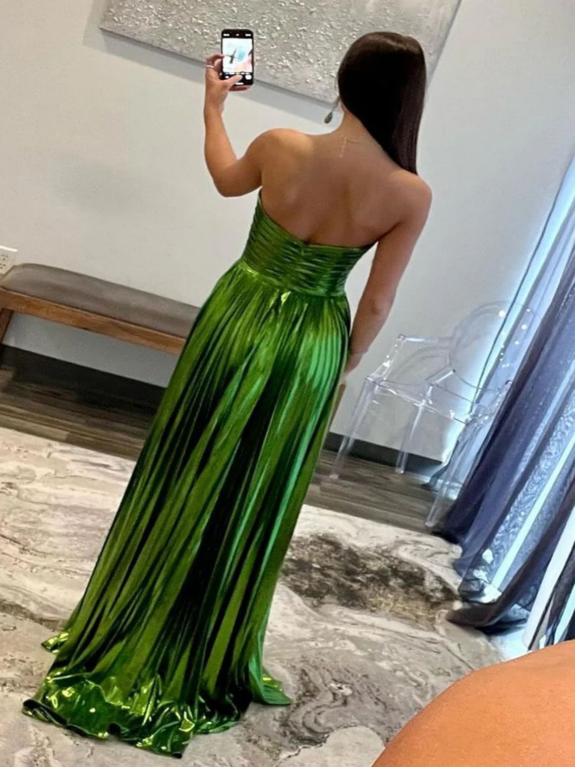 A-Line Metallic Green Strapless Zipper Back Long Prom Dress With Slit