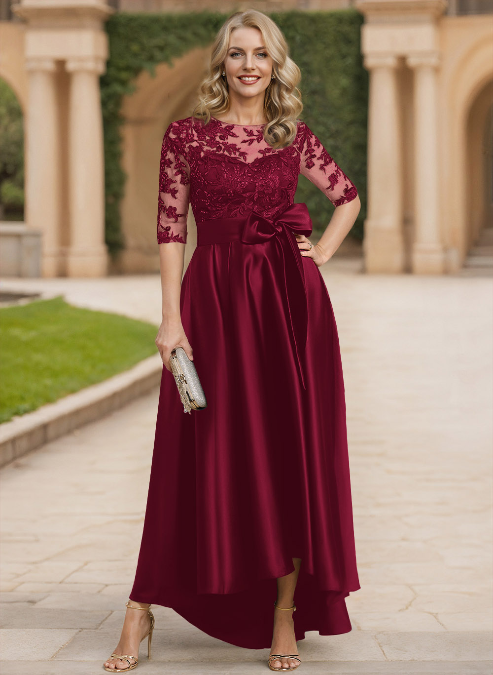 Exquisite Semi Sheer Illusion Lace Applique Neck Mother Of The Bride Dresses With Bow Accented