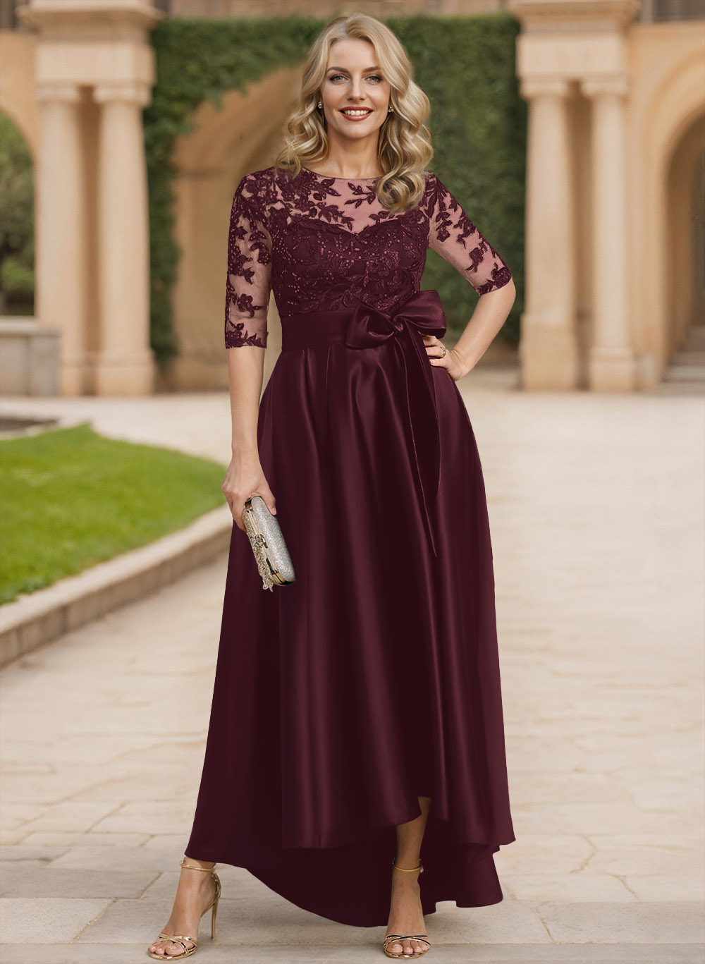 Exquisite Semi Sheer Illusion Lace Applique Neck Mother Of The Bride Dresses With Bow Accented