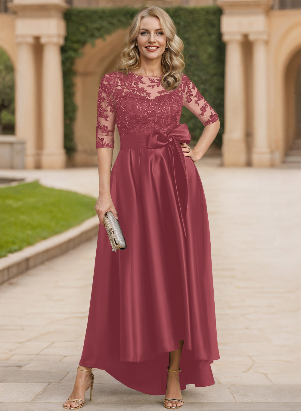 Exquisite Semi Sheer Illusion Lace Applique Neck Mother Of The Bride Dresses With Bow Accented