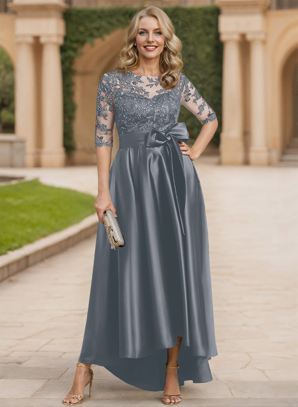 Exquisite Semi Sheer Illusion Lace Applique Neck Mother Of The Bride Dresses With Bow Accented