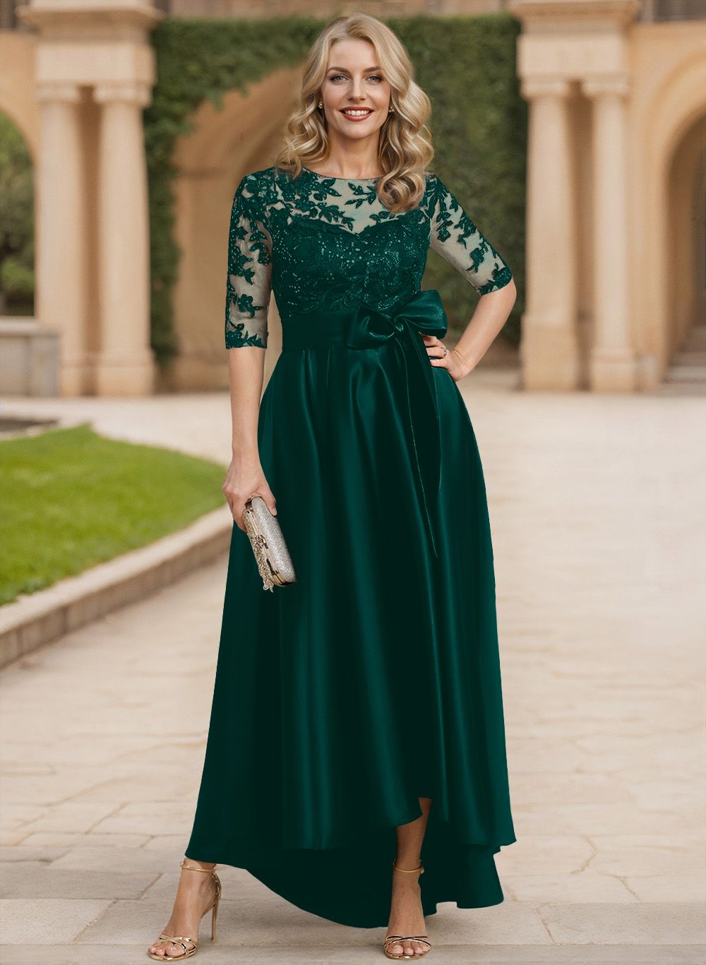 Exquisite Semi Sheer Illusion Lace Applique Neck Mother Of The Bride Dresses With Bow Accented
