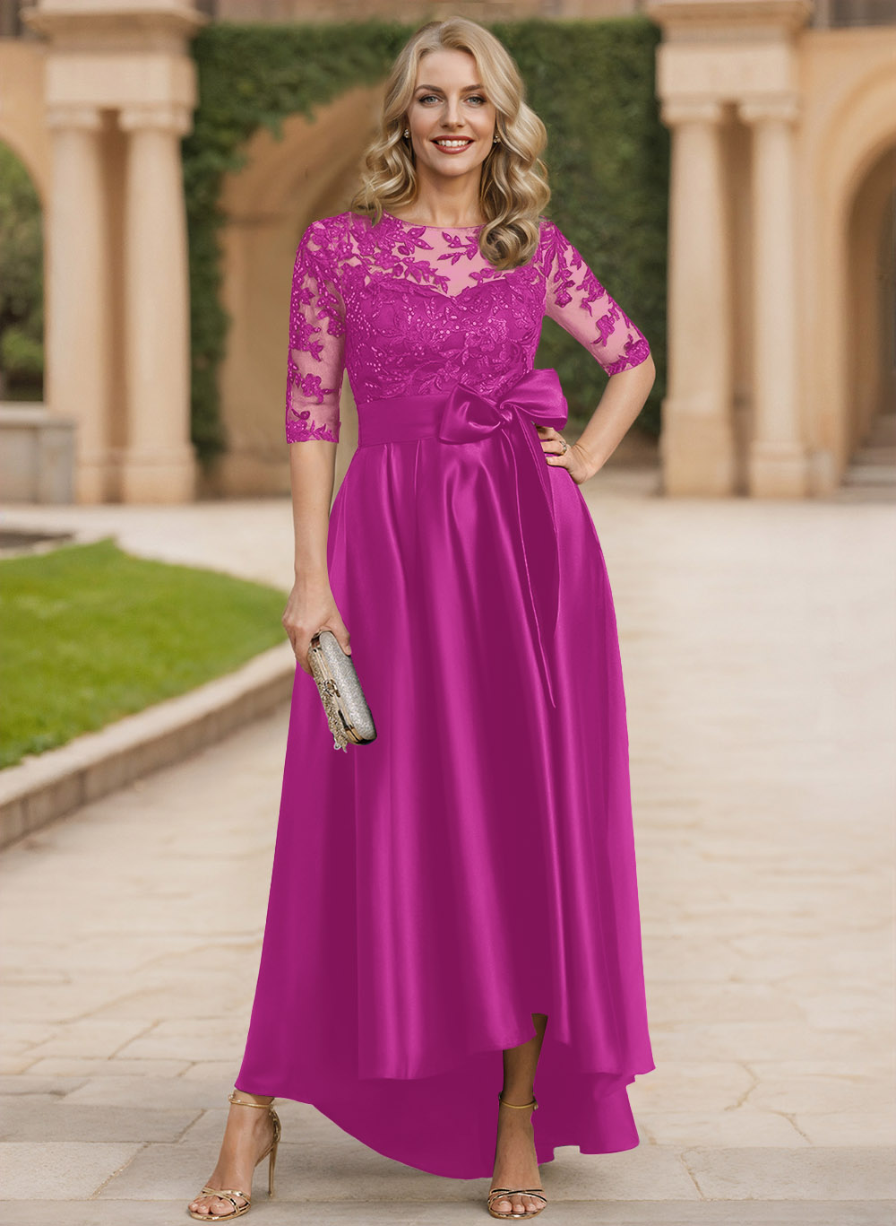 Exquisite Semi Sheer Illusion Lace Applique Neck Mother Of The Bride Dresses With Bow Accented