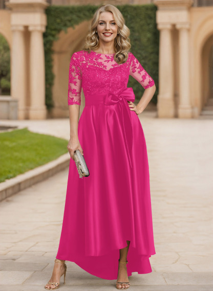 Exquisite Semi Sheer Illusion Lace Applique Neck Mother Of The Bride Dresses With Bow Accented