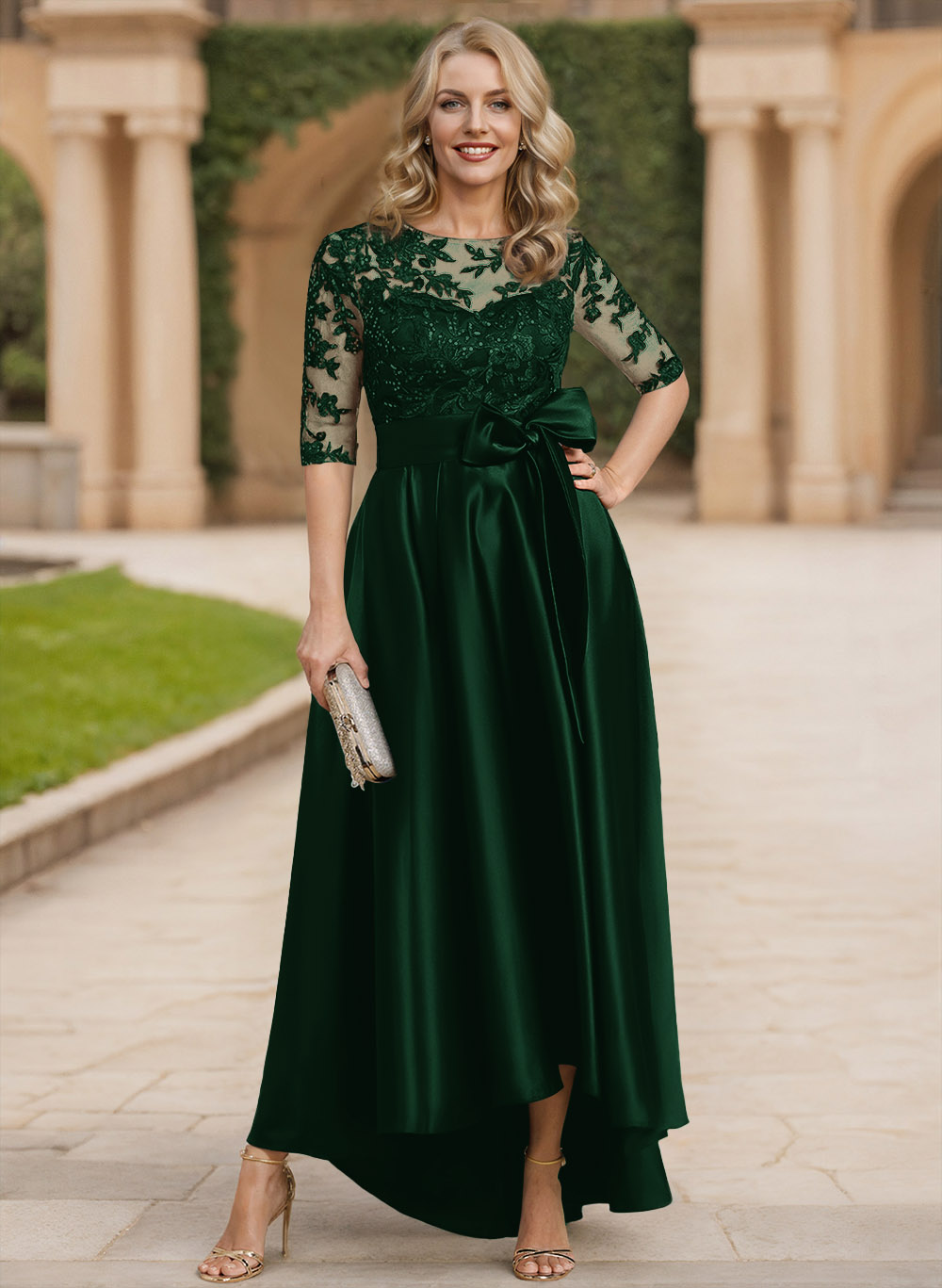 Exquisite Semi Sheer Illusion Lace Applique Neck Mother Of The Bride Dresses With Bow Accented