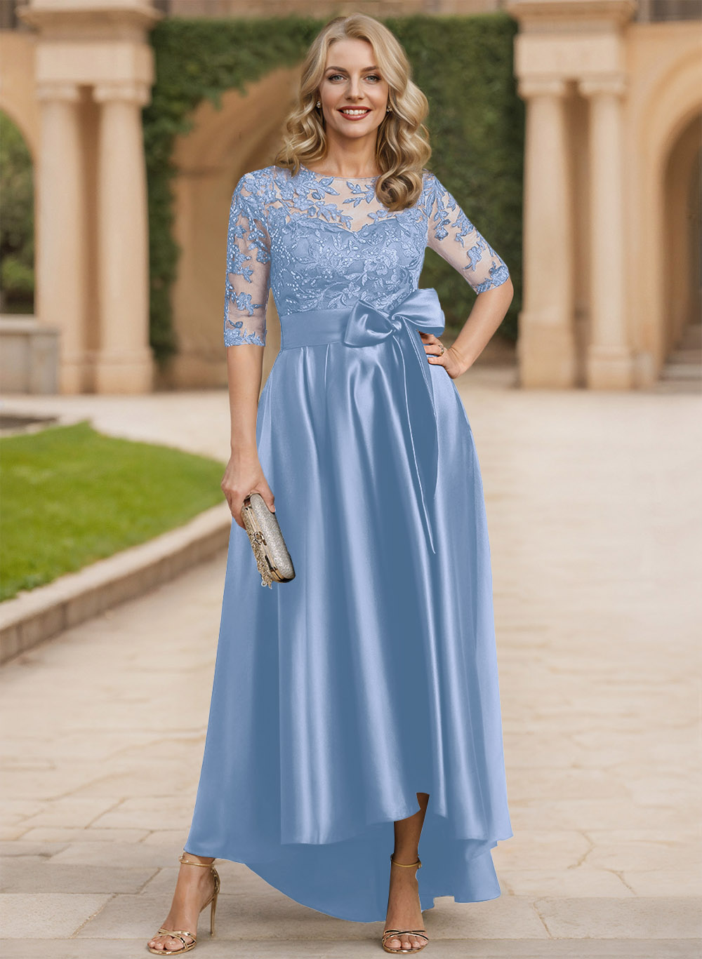 Exquisite Semi Sheer Illusion Lace Applique Neck Mother Of The Bride Dresses With Bow Accented
